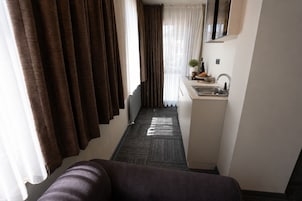 A narrow hallway with a sofa, a kitchenette with a sink and countertop, and a window with curtains.