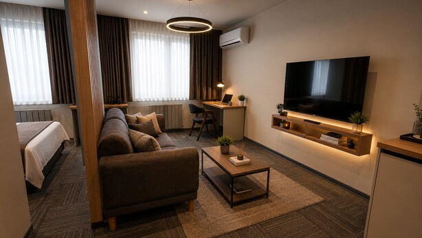 A modern hotel room with a sofa, a desk, a TV, and a bed. - Kaçkar Otel (Rize)