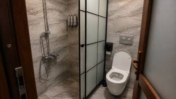 A bathroom with a shower, toilet, and a hand dryer.