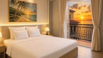 Habitación superior, vistas al mar | Espacio para trabajar con un portátil y wifi gratis