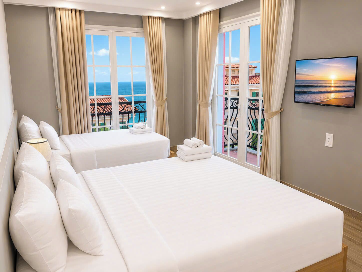 Family Double Room, Balcony, Beach View | Laptop workspace, free WiFi