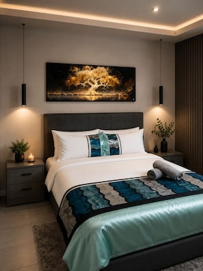 A modern bedroom with a large bed, bedside tables, a nightstand, a wall-mounted painting, and a potted plant.
