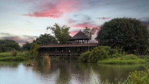 A riverside building with a pavilion, surrounded by lush greenery and a calm water body. - Hampi's Feathers Resort (Koppal)