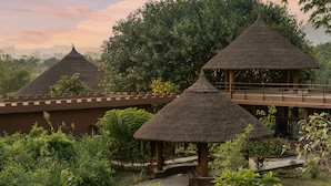 A resort with thatched-roof structures, a pathway, and lush greenery. - Hampi's Feathers Resort (Koppal)