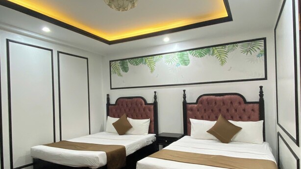 A hotel room with two beds, a ceiling light fixture, and a wall-mounted plant. - King Luxury Hotel (Tu Liem)