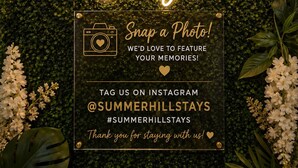 A welcome sign for Summerhill Stays with a neon light and a photo request sign. - Stay in the Heart of Atlanta Comfortable, Stylish & Close to Everything (Atlanta)