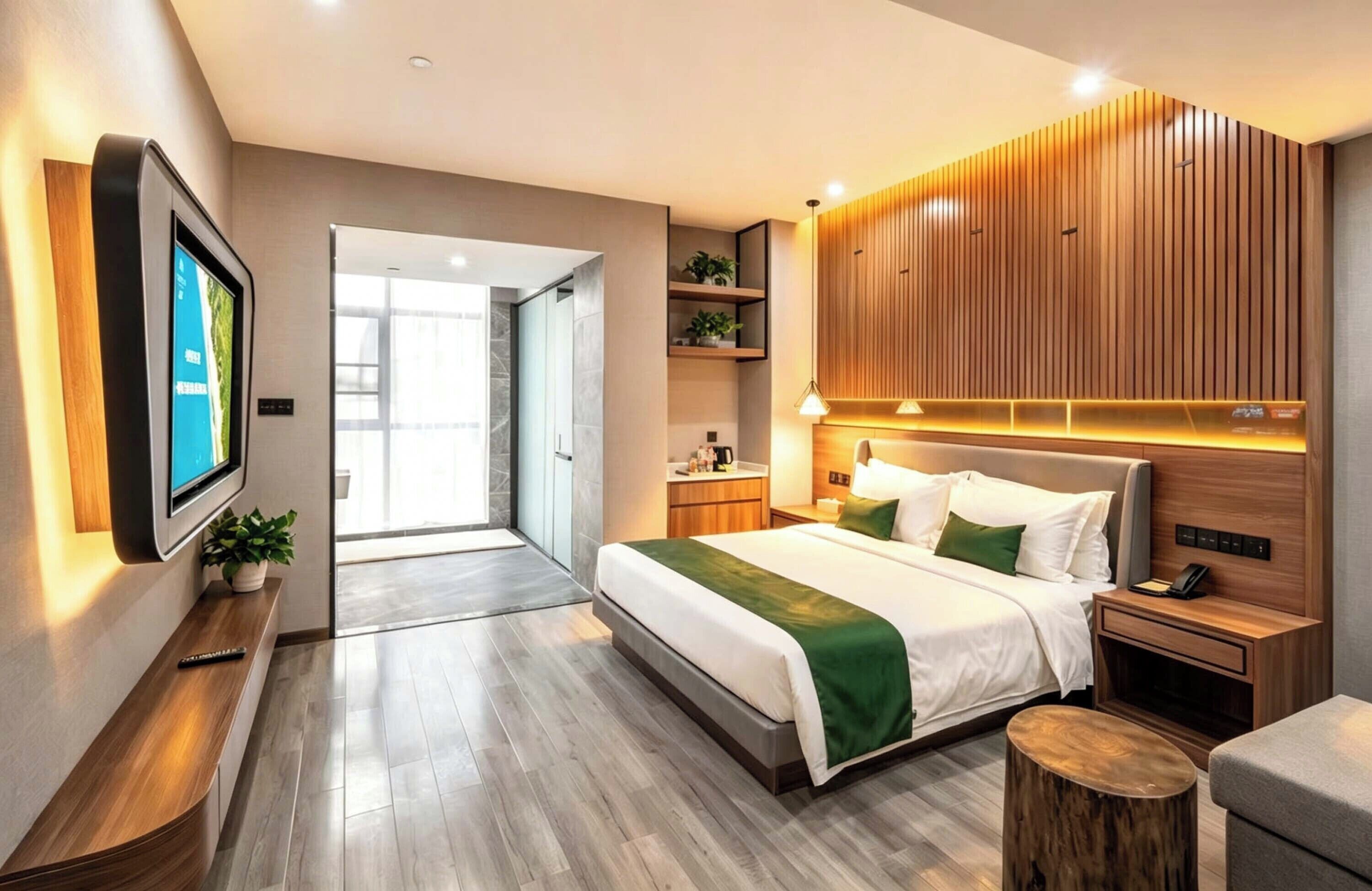 A modern hotel room with a large bed, a TV, a wooden panel wall, a bedside table, and a small wooden stool.