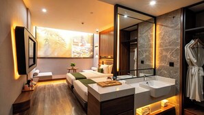 A modern hotel room with a large bed, a sitting area, a vanity with two sinks, and a large mirror. - Inmo Hotel Chengdu Chunxi Road Taikoo Li (Chengdu)