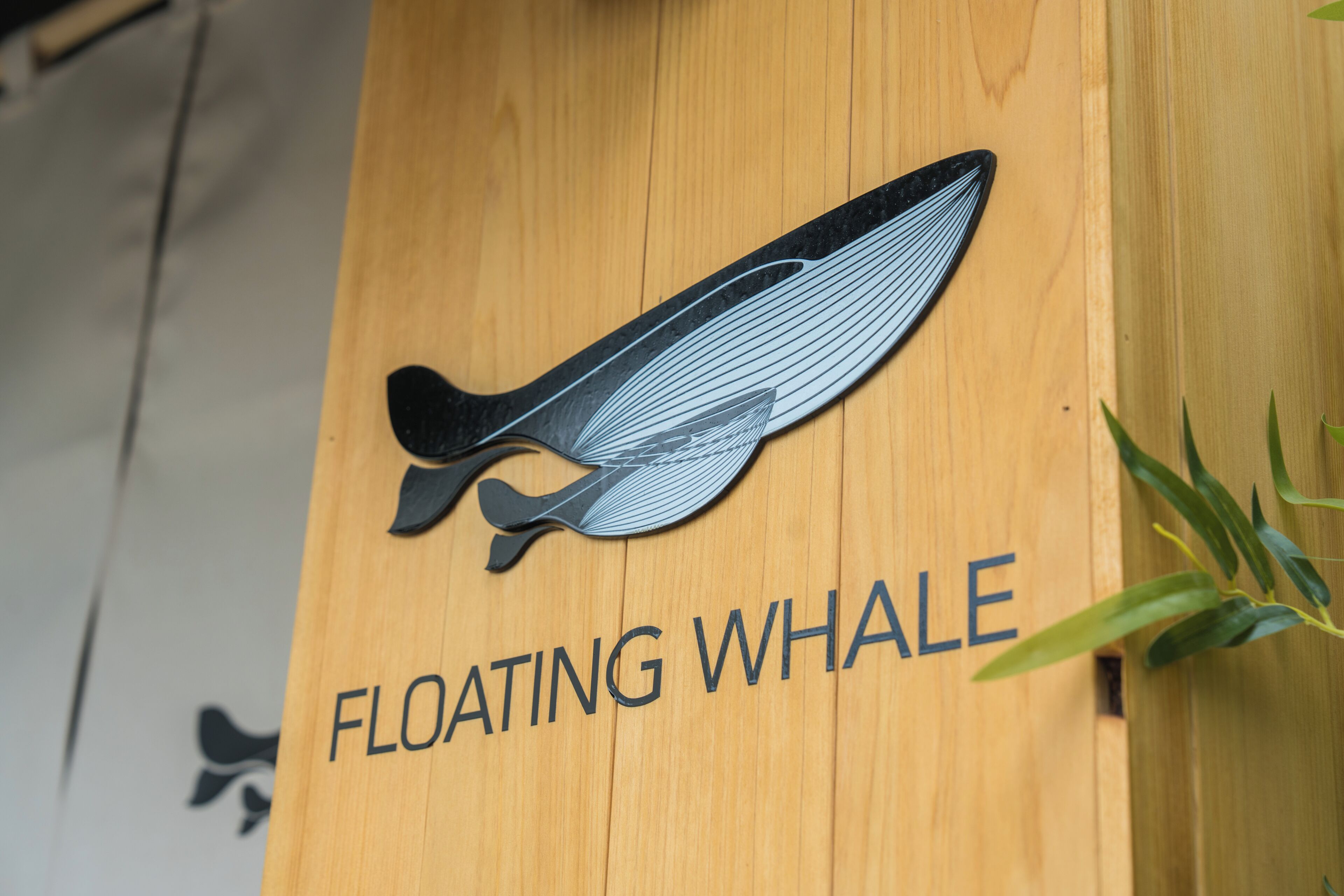 A wooden sign with a black silhouette of a whale and the text 'FLOATING WHALE'.