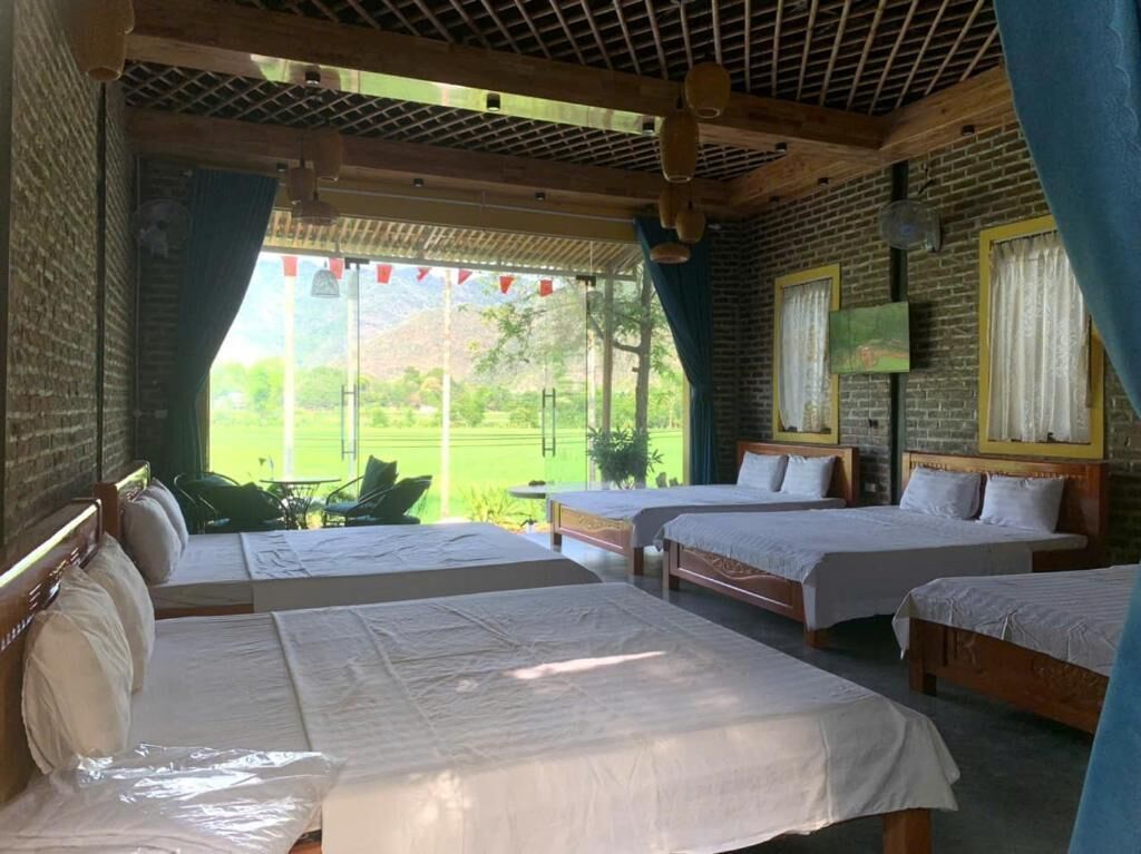 A room with four beds, a wooden ceiling, and a view of greenery outside.