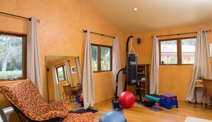 Ein Zimmer mit großem Fenster, einem Boxsack, Gymbällen und einem Stuhl.