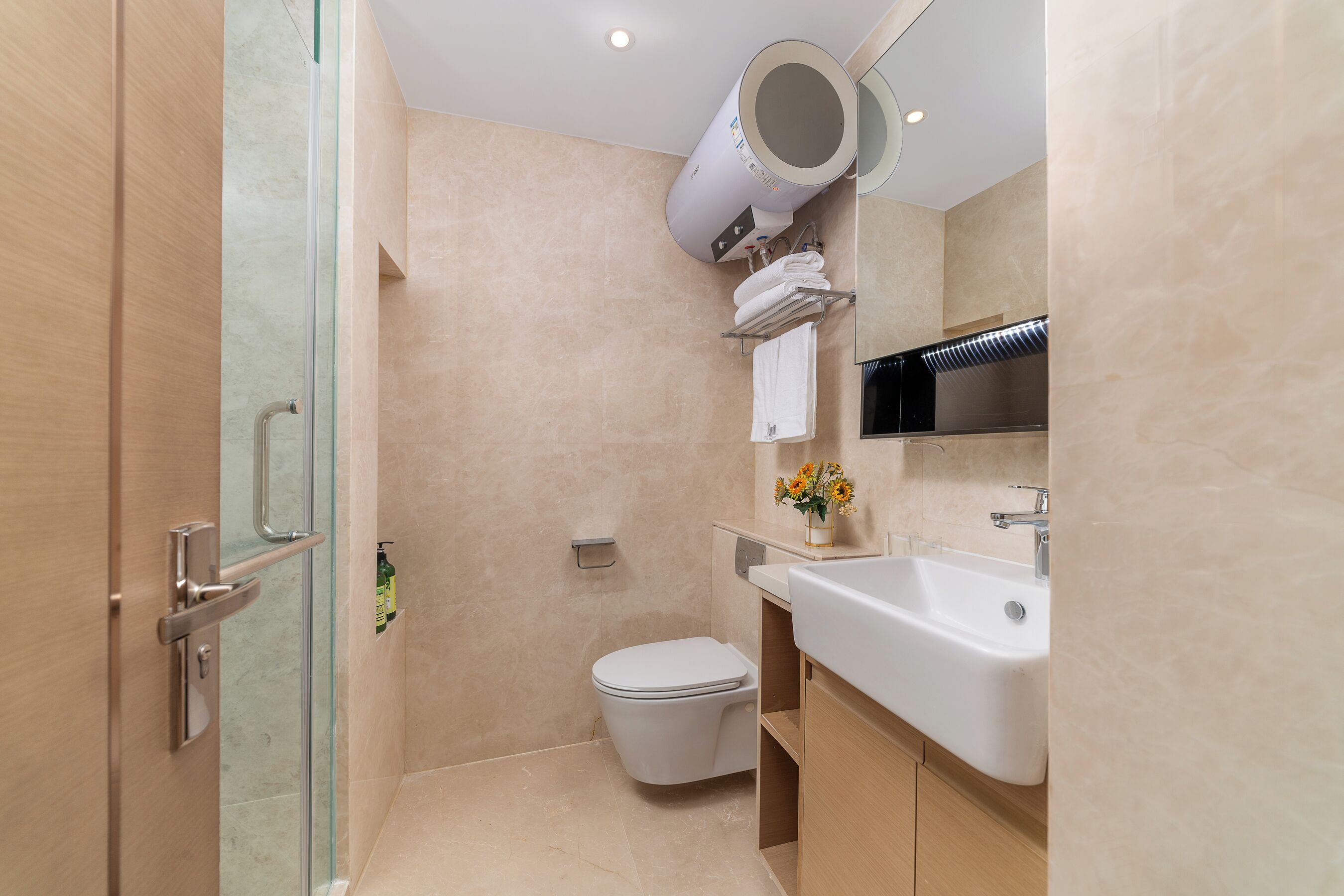A modern bathroom with a glass shower enclosure, a toilet, a sink, and a mirror.