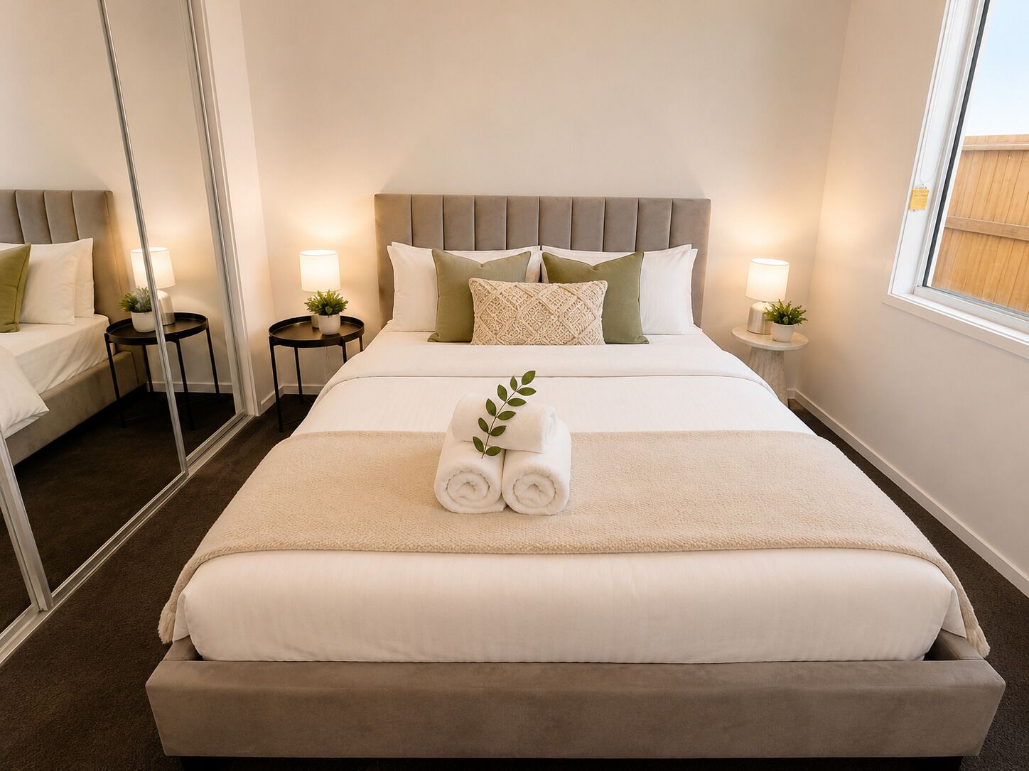 A neatly made bed with a headboard, two bedside tables with lamps, a mirror, and a window with a view.