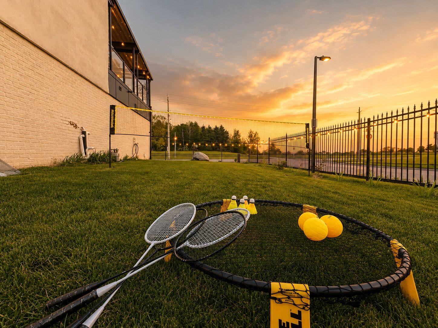 A tennis court with two rackets and three yellow balls, surrounded by a chain-link fence and a building in the background.