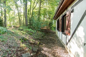A pathway leading to a building with wooden shutters, surrounded by a forested area with trees and undergrowth.