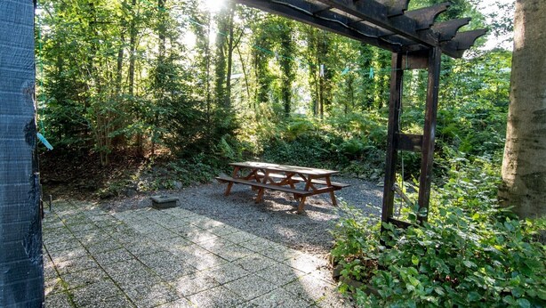 A wooden pergola with a picnic table in a forested area. - Charming Holiday Base in the Ardennes for 8 (Rendeux - Beffe)