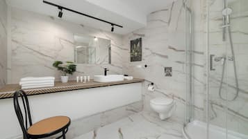 Shower, hair dryer, towels, shampoo