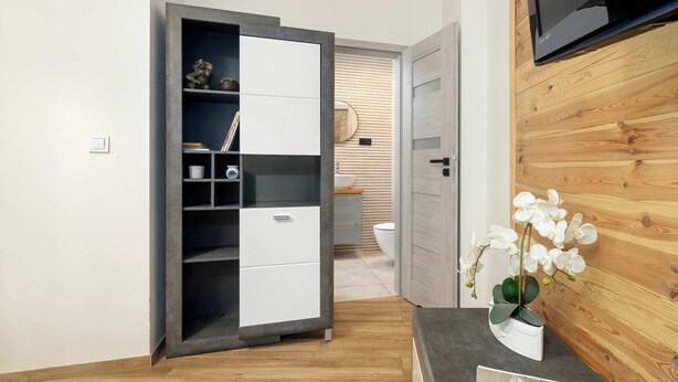 A modern room with a wardrobe, a flat-screen TV, and a potted orchid. - A Comfortable Apartment in the Centre of Poznań | Close to the MTP (Poznań)