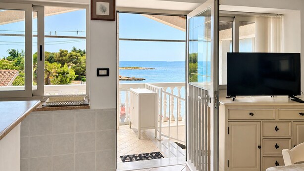 Ein Zimmer mit Fernseher, ein Balkon mit Meerblick und eine Tür zu einem Außenbereich.