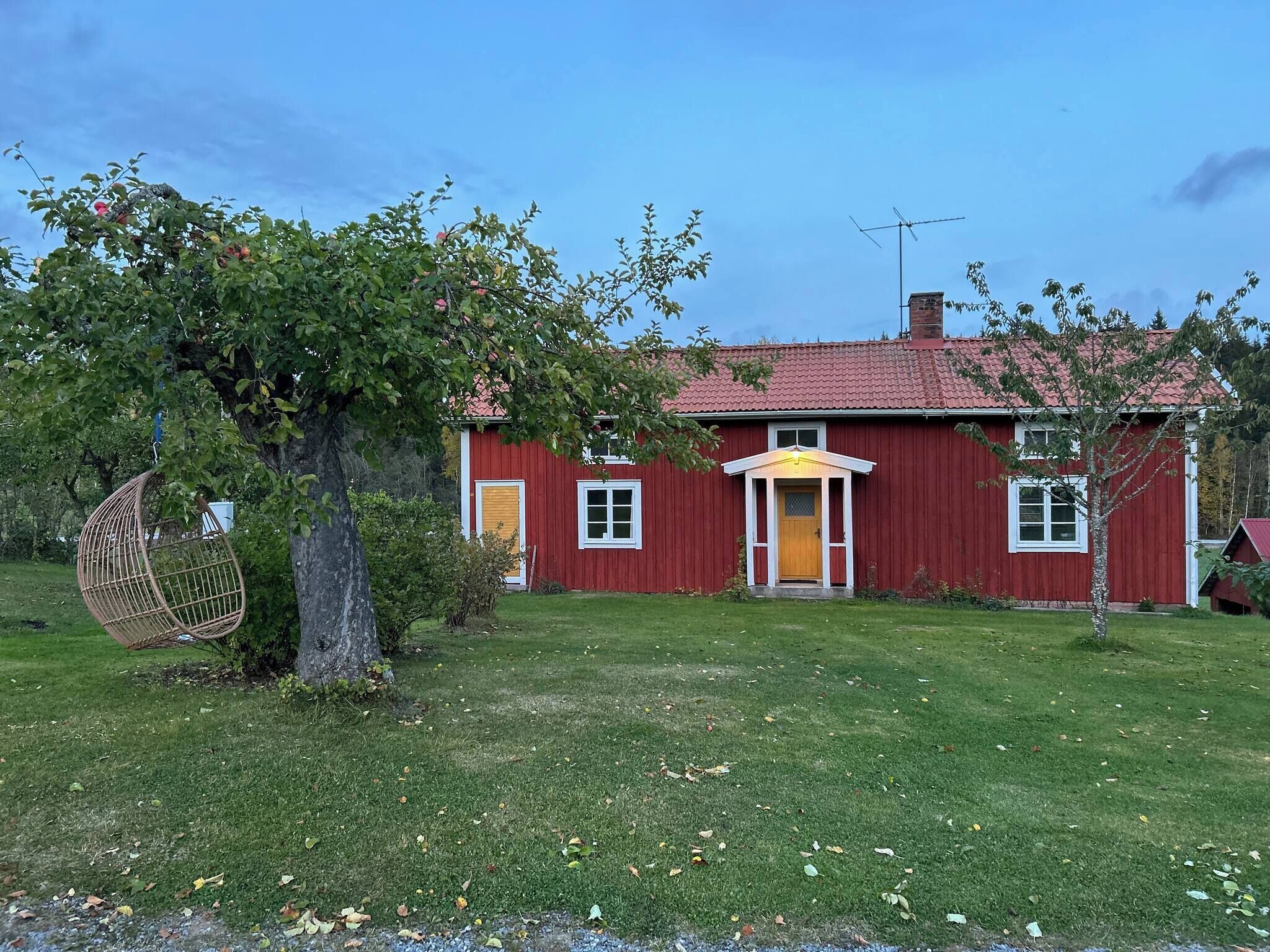 A red house with a yellow door, a swing chair, and a tree in the yard.