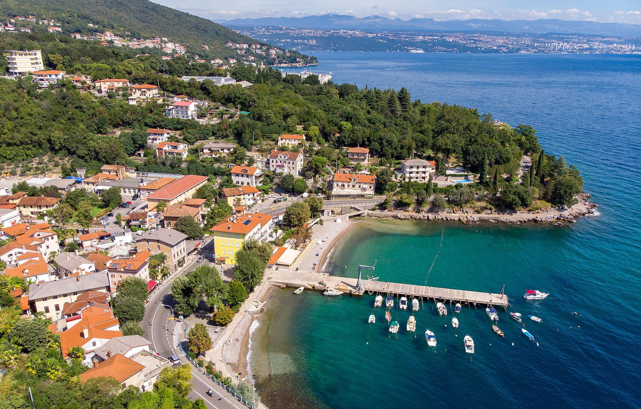 An aerial view of a coastal town with a marina, buildings, and a pier.