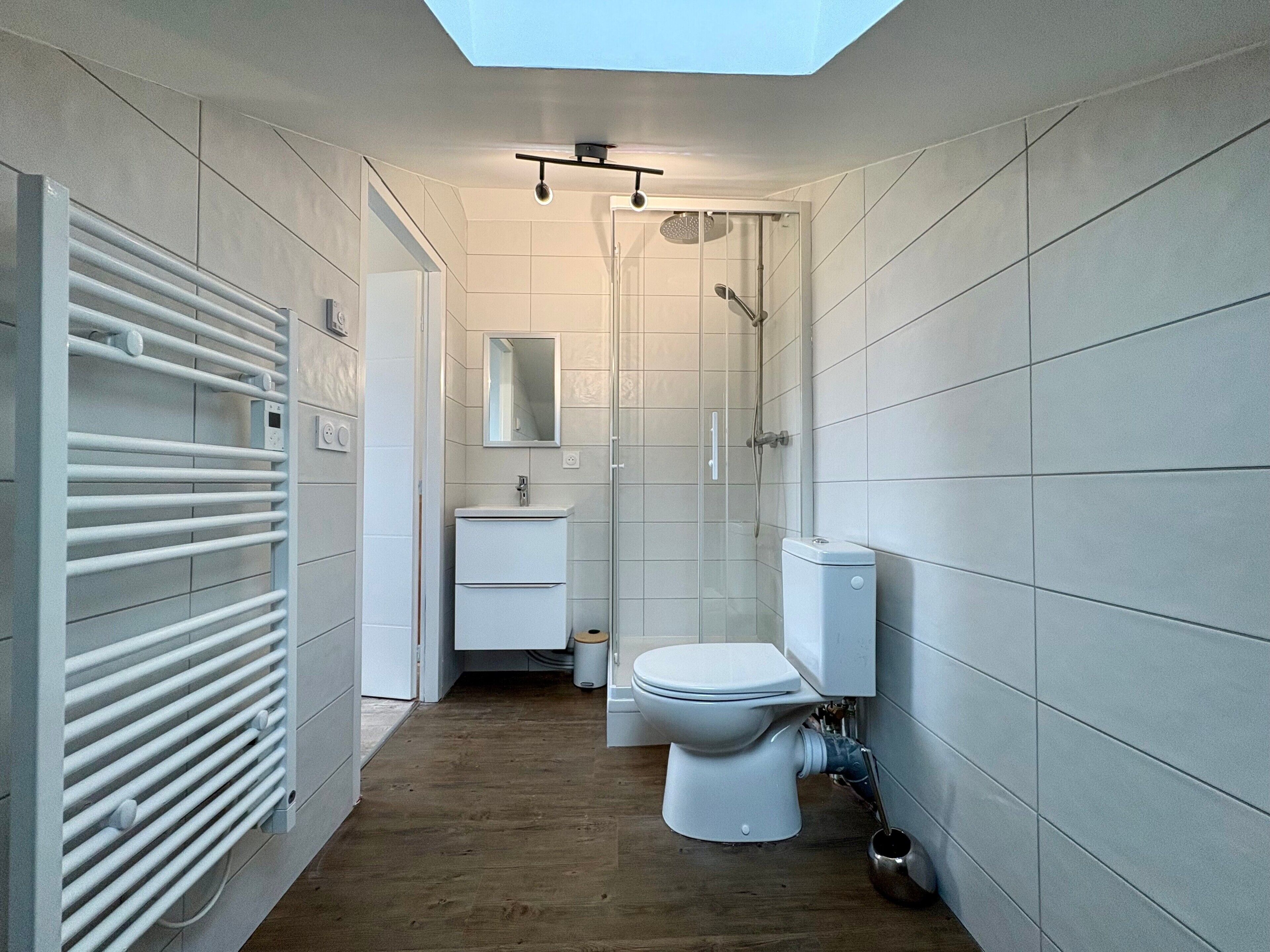 Ein modernes Badezimmer mit Dachfenster, Dusche, Toilette und Handtuchwärmer.