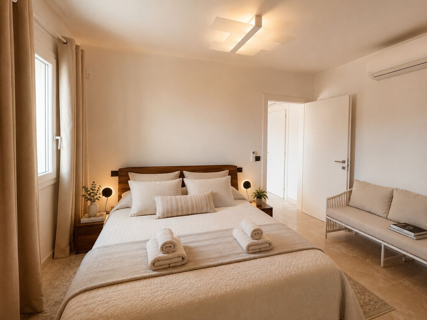 A hotel room with a bed, bedside tables, a bench, and a door.