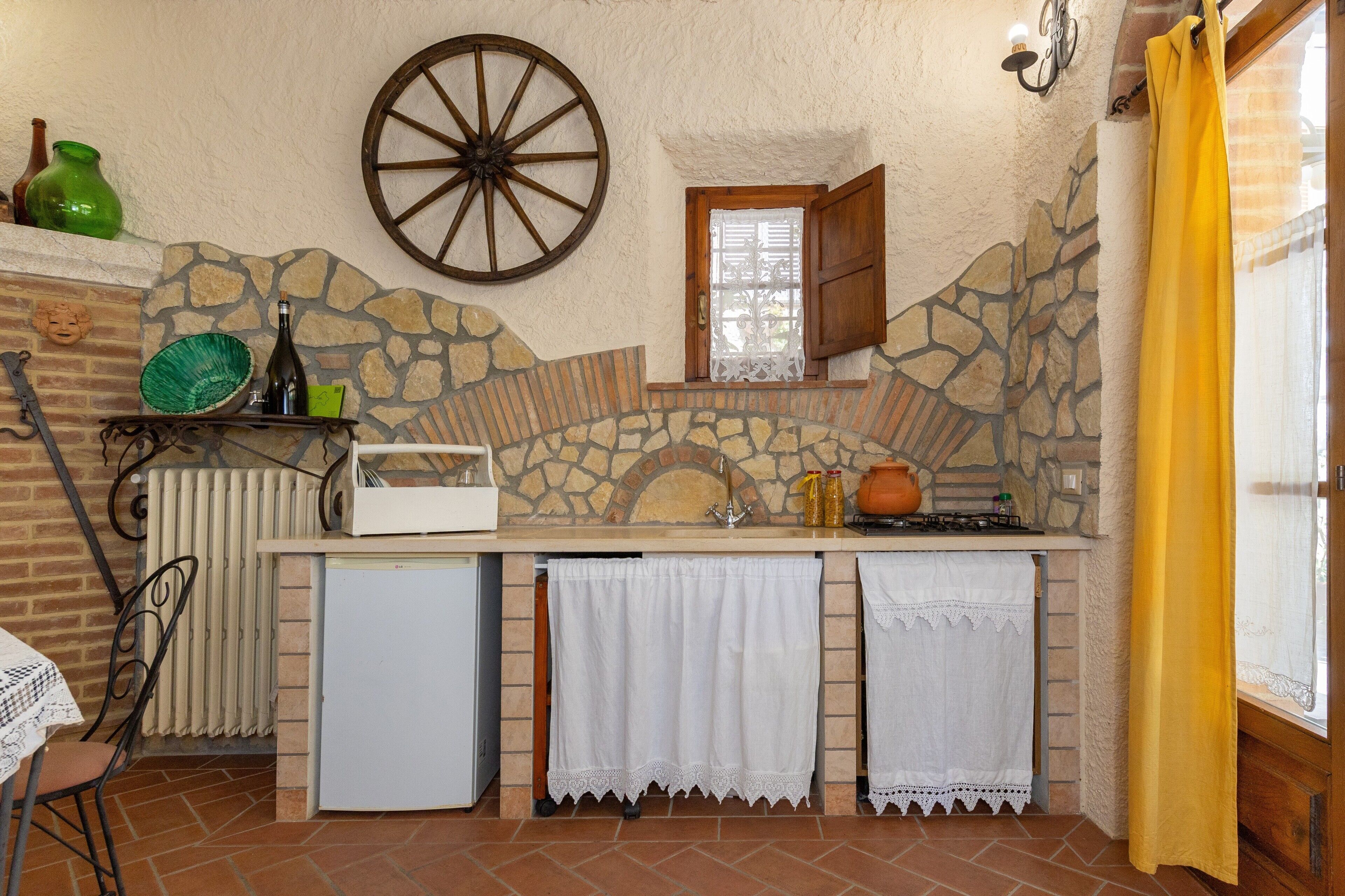 Fridge, microwave, toaster, cookware/dishes/utensils