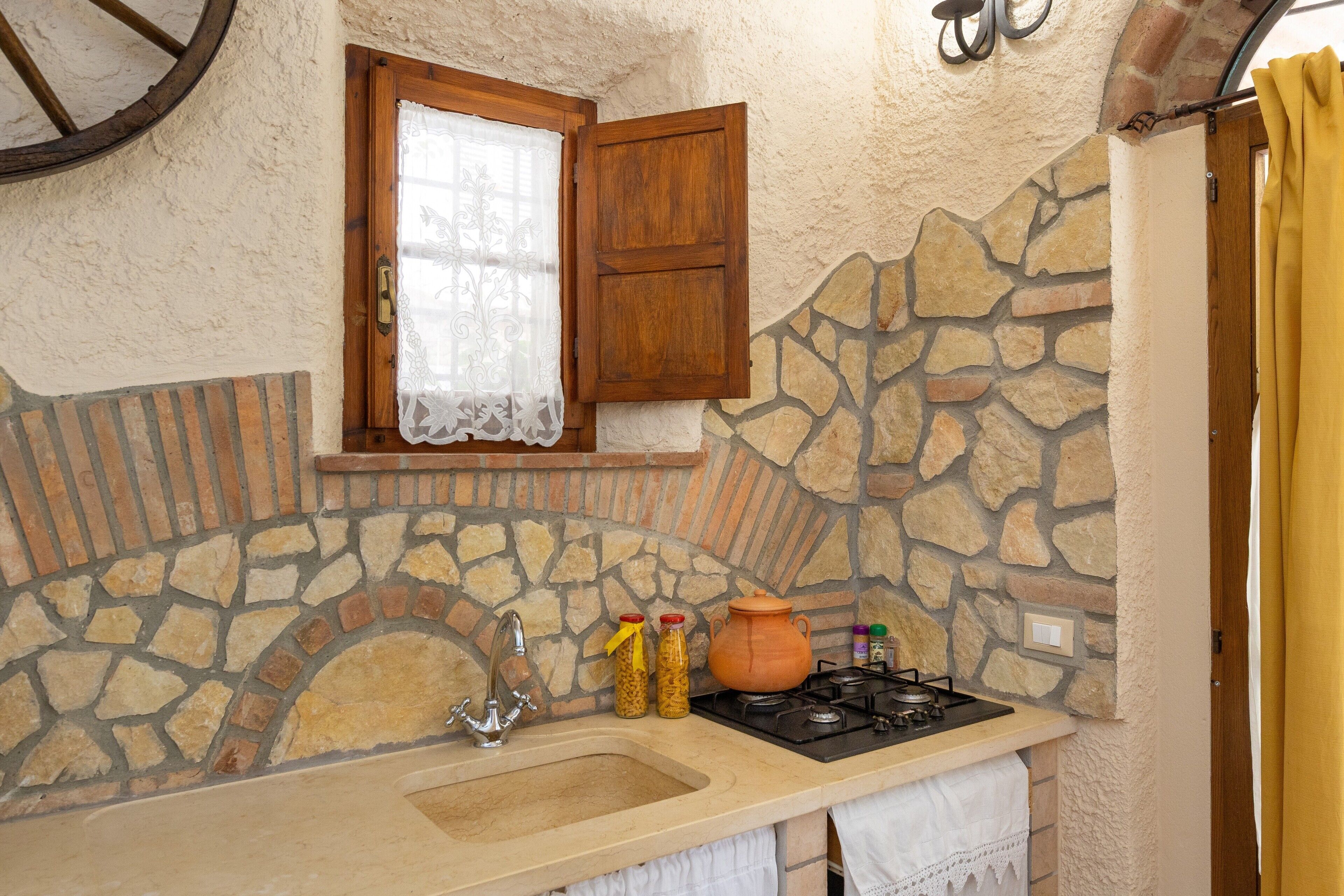 Fridge, microwave, toaster, cookware/dishes/utensils