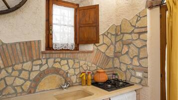 Fridge, microwave, toaster, cookware/dishes/utensils
