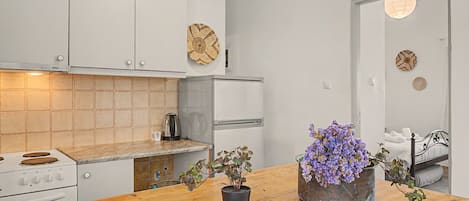Coffee/tea maker, fridge, oven, stovetop