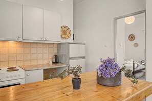 A modern kitchen with white cabinets, a wooden countertop, and a refrigerator. There are two potted plants on the counter. - Holiday Home 'The By The Sea' with Shared Garden, Balcony and Wi-Fi (Otzias)