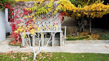 Un jardin agrémenté d’une treille blanche, d’un petit arbre et d’un mur de pierres.