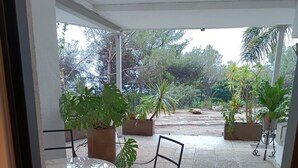 Un patio al aire libre con una mesa y sillas, rodeado de plantas en macetas y vistas a árboles.