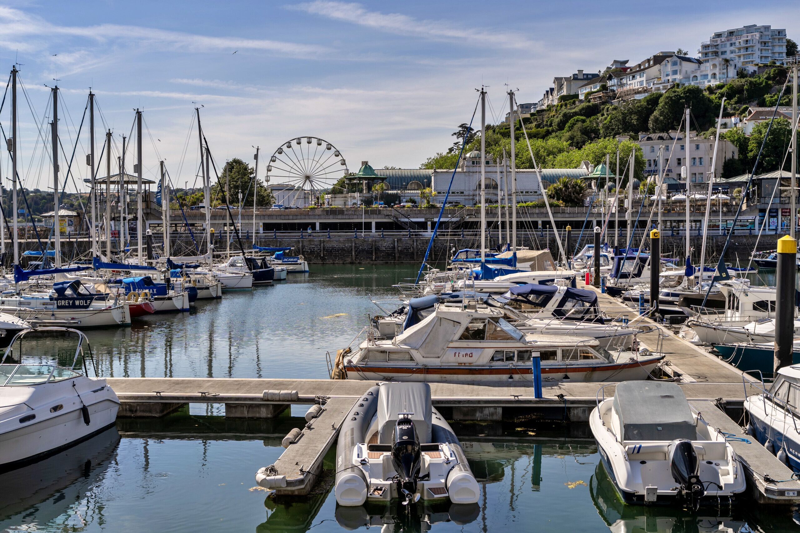 A marina with boats docked, a Ferris wheel in the background, and buildings on a hillside.