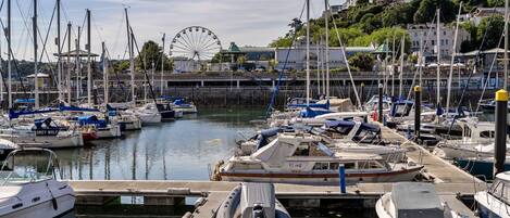 A marina with boats docked, a Ferris wheel in the background, and buildings on a hillside.