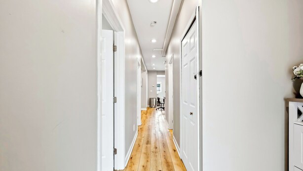 A hallway with white walls, wooden flooring, and white doors. - Modern 5BR House with AC in Central Berkeley (Berkeley)