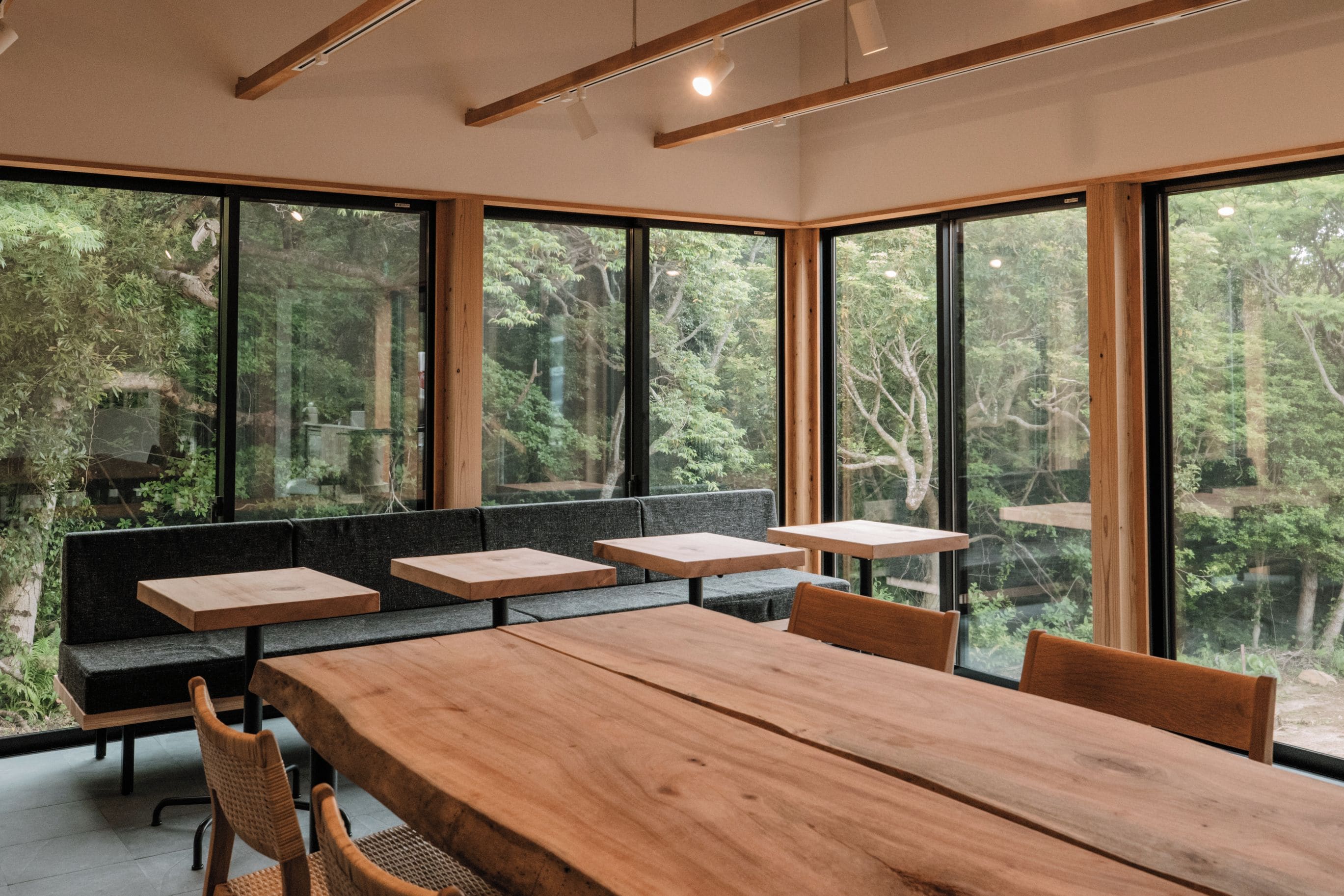 Un comedor moderno con una gran mesa de madera, bancos y sillas.