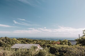 Una casa rodeada de abundante vegetación, con vista al océano y un paisaje urbano distante.