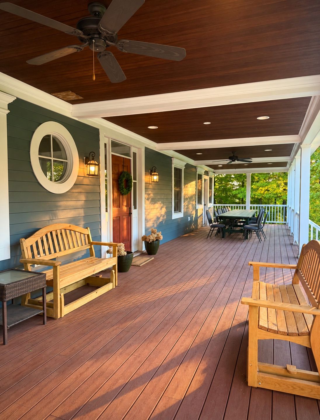 A covered porch with wooden furniture, a ceiling fan, and a view of a green landscape.