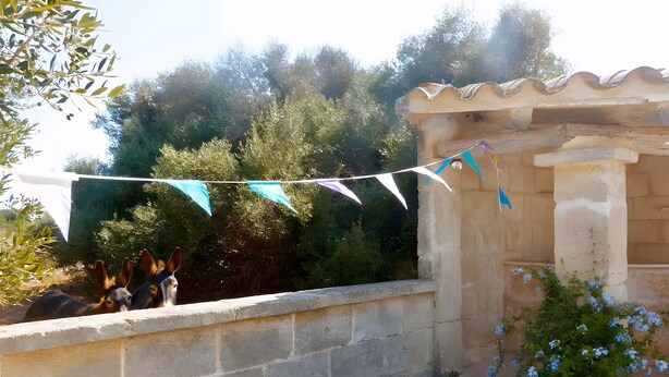 A stone wall with a tiled roof structure, a stone bench, and a string of triangular flags. - Country House Near Ciutadella with Private Pool, Shared Terrace, and Wi-Fi (Ciutadella)