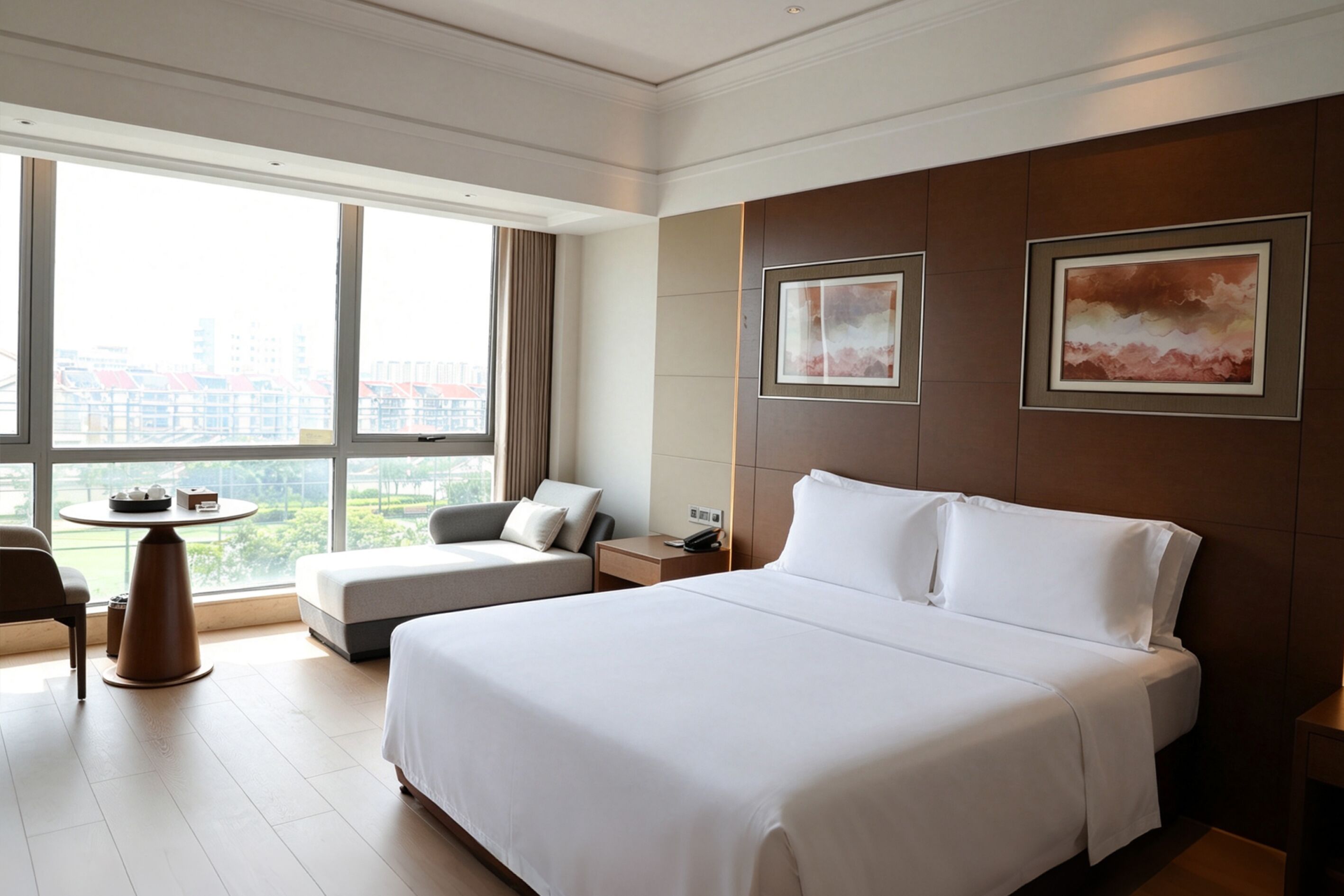 A hotel room with a large bed, a sofa, a small table, and two framed pictures on the wall.