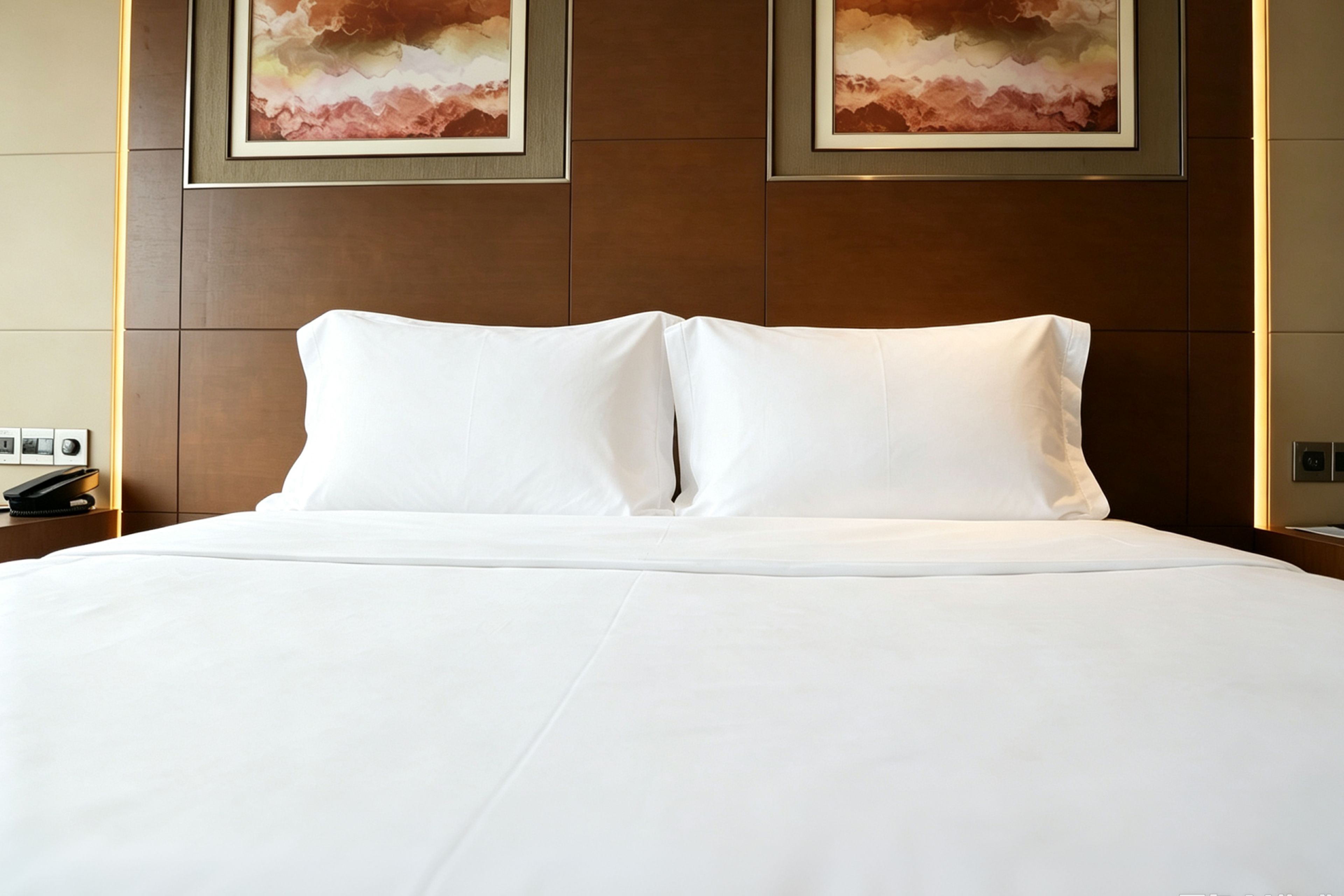 Habitación de hotel con una cama grande, dos almohadas, una mesita de noche, un teléfono y dos cuadros abstractos enmarcados en la pared.