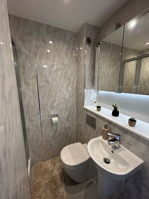 Ein modernes Badezimmer mit einer Duschkabine aus Glas, einer Toilette und einem Waschbecken mit Spiegel.