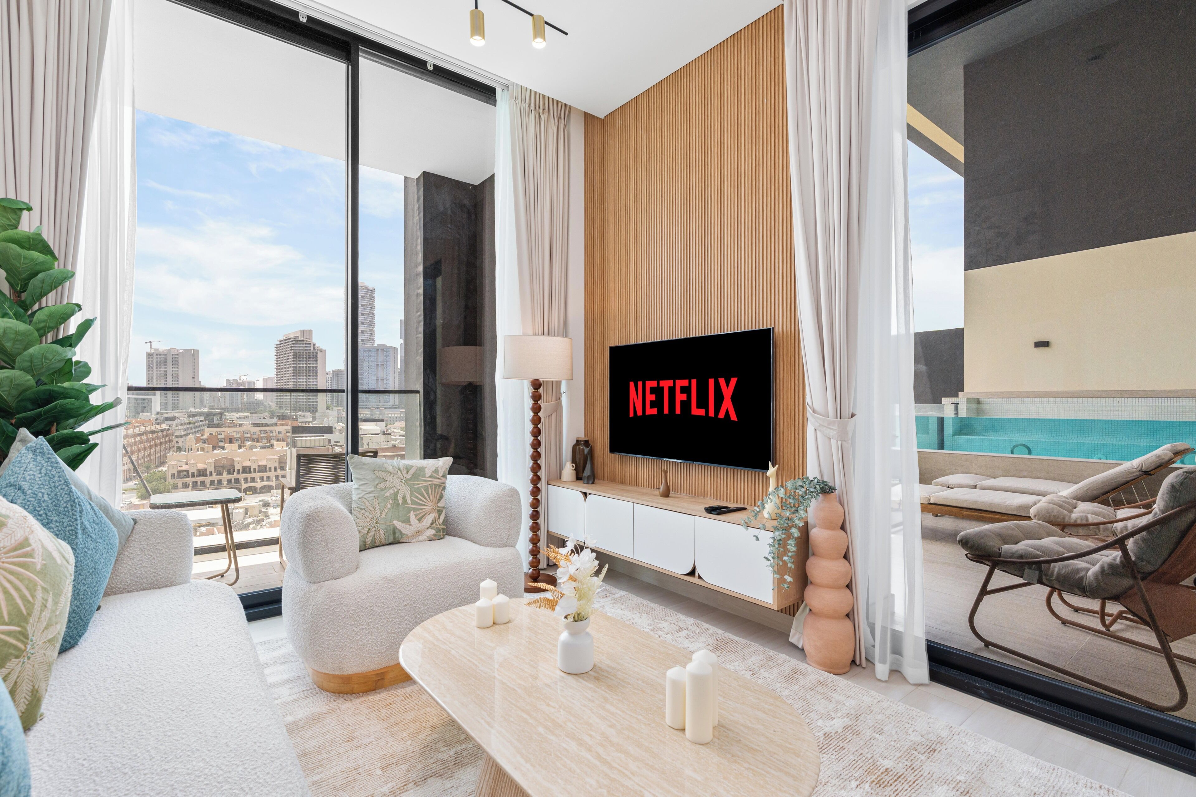 Exclusive Apartment, Private Pool, Pool View | Living area | 55-inch Smart TV with digital channels, Netflix, Hulu