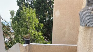Un pequeño balcón con una mesa, una silla, una planta en maceta y vistas a árboles.