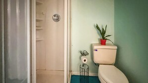 Un baño con inodoro, ducha, planta en maceta y un tapete azul en el suelo.