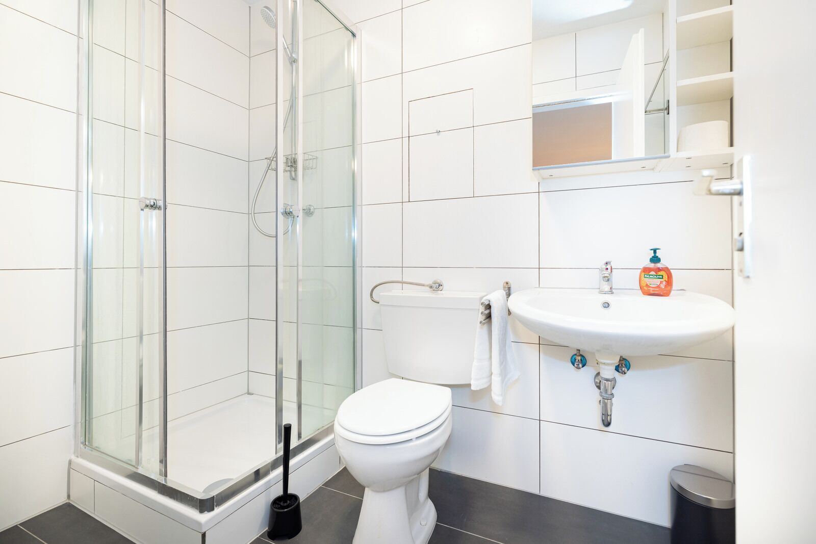 A modern bathroom with a glass shower enclosure, a white toilet, and a sink with a soap dispenser.