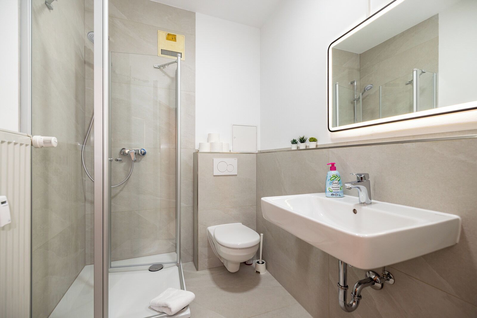 Un baño con ducha de vidrio, inodoro y lavabo con espejo.