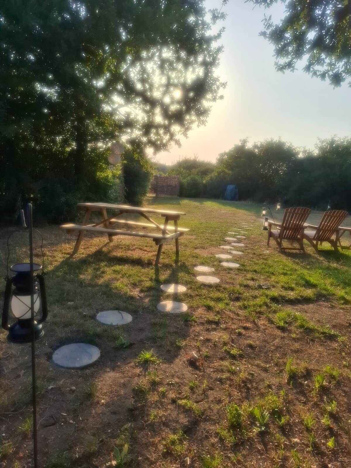 Ein Picknickplatz mit Holztisch und Bänken, umgeben von Bäumen und blauem Himmel.